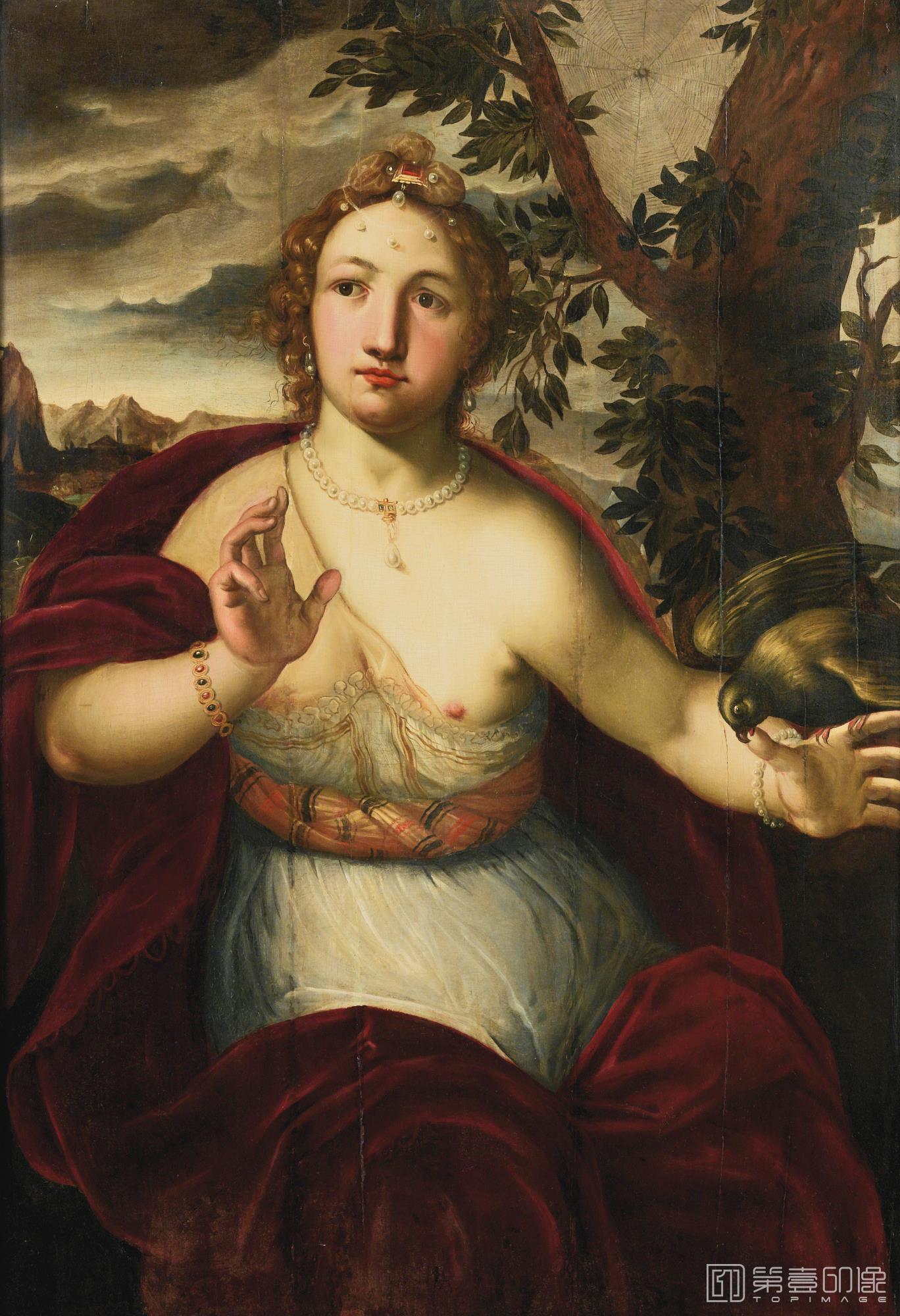 油画-匈牙利国家美术馆藏画-ATTRIBUTED TO OTTO VAN VEEN-A LADY BITTEN BY A PARROT-024